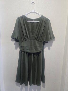 SHEIN Olive Green Flutter Sleeve Smocked Waist Midi Dress